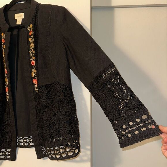 Chicos Medium (1) Black Tweed Crochet Lace Embroidered Floral Jacket Womens EUC - Picture 2 of 8